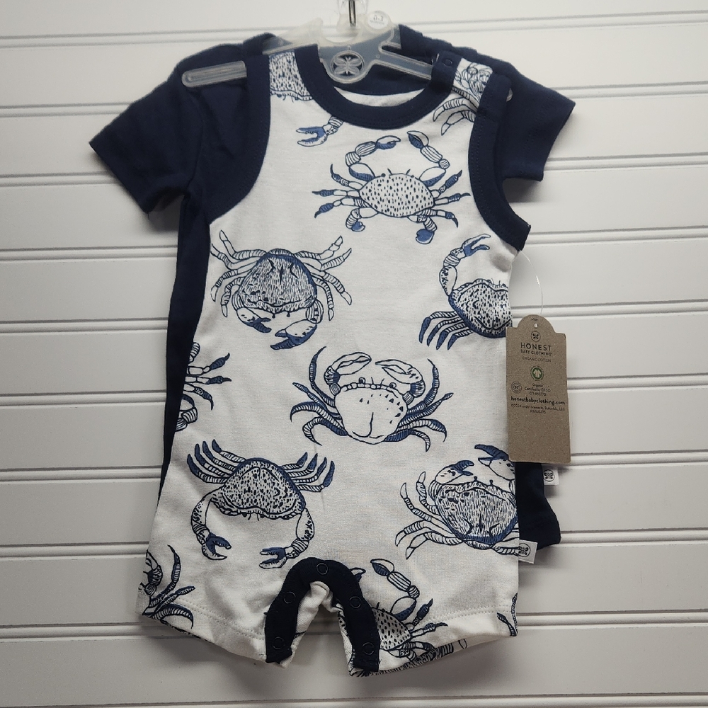 Honest Baby 2 Piece Baby Romper Set 0‐3 Months  Crab Print Navy Organic Cotton